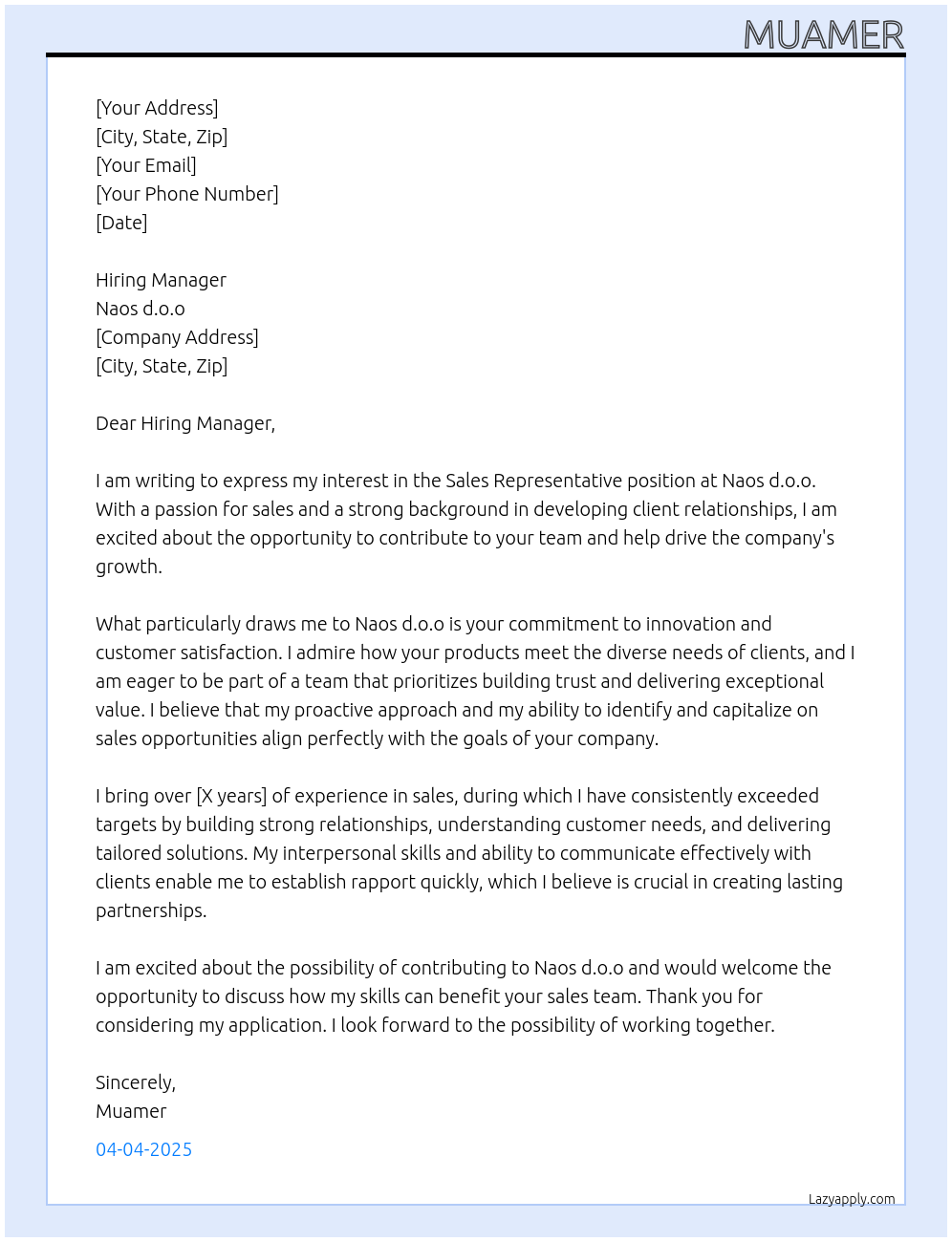 Sales representative At Naos d.o.o Cover Letter