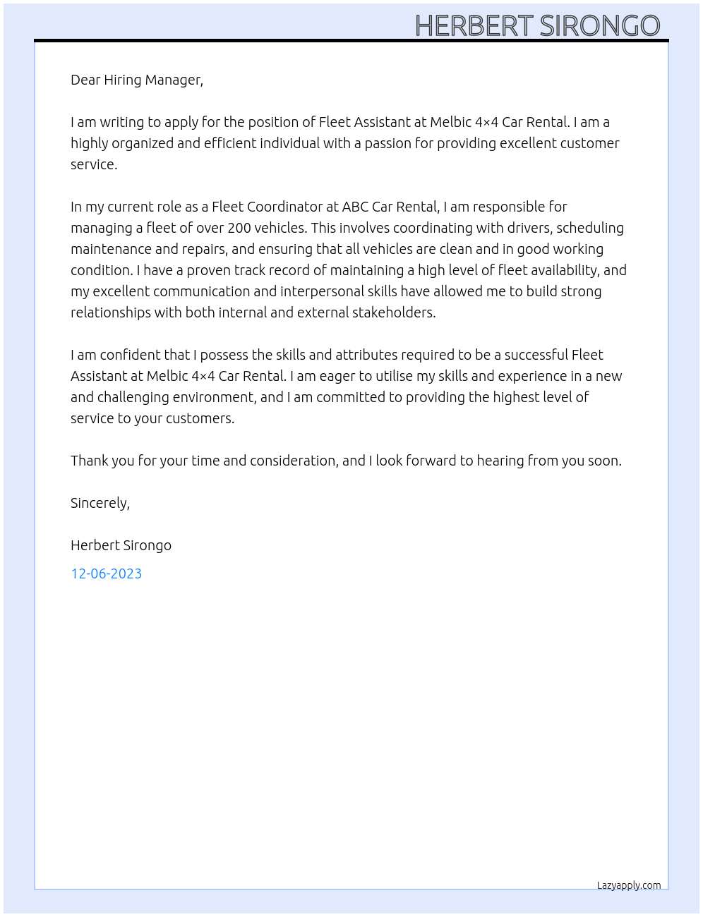 Fleet Assistant At Melbic 4×4 Car Rental Cover Letter