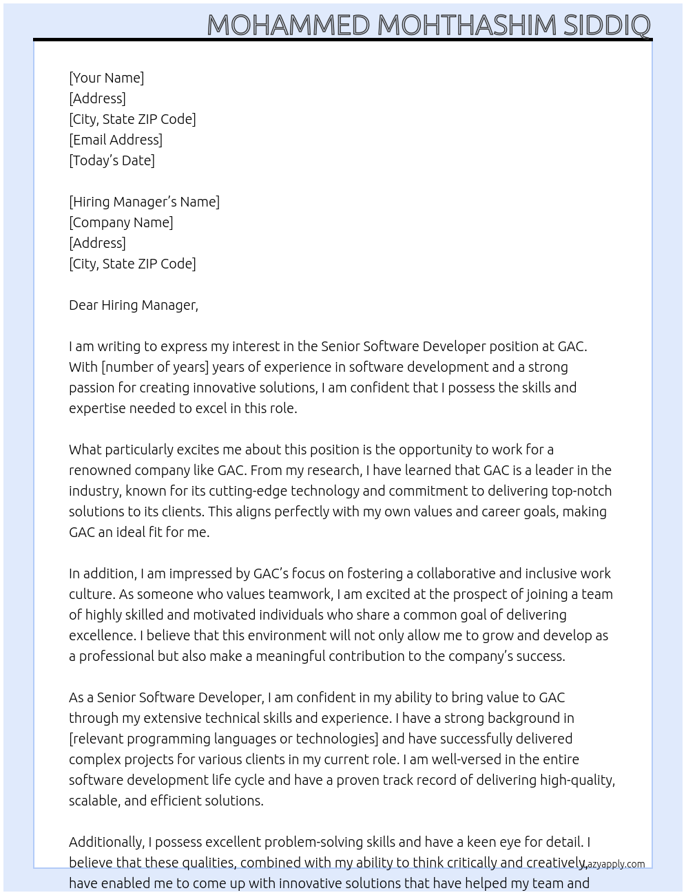 Senior Software Developer At GAC Cover Letter