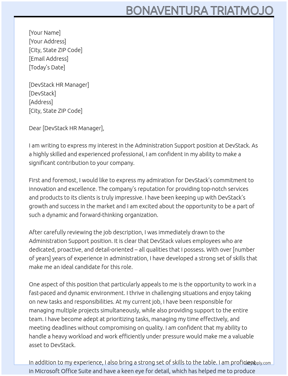 Administration Support At DevStack Cover Letter