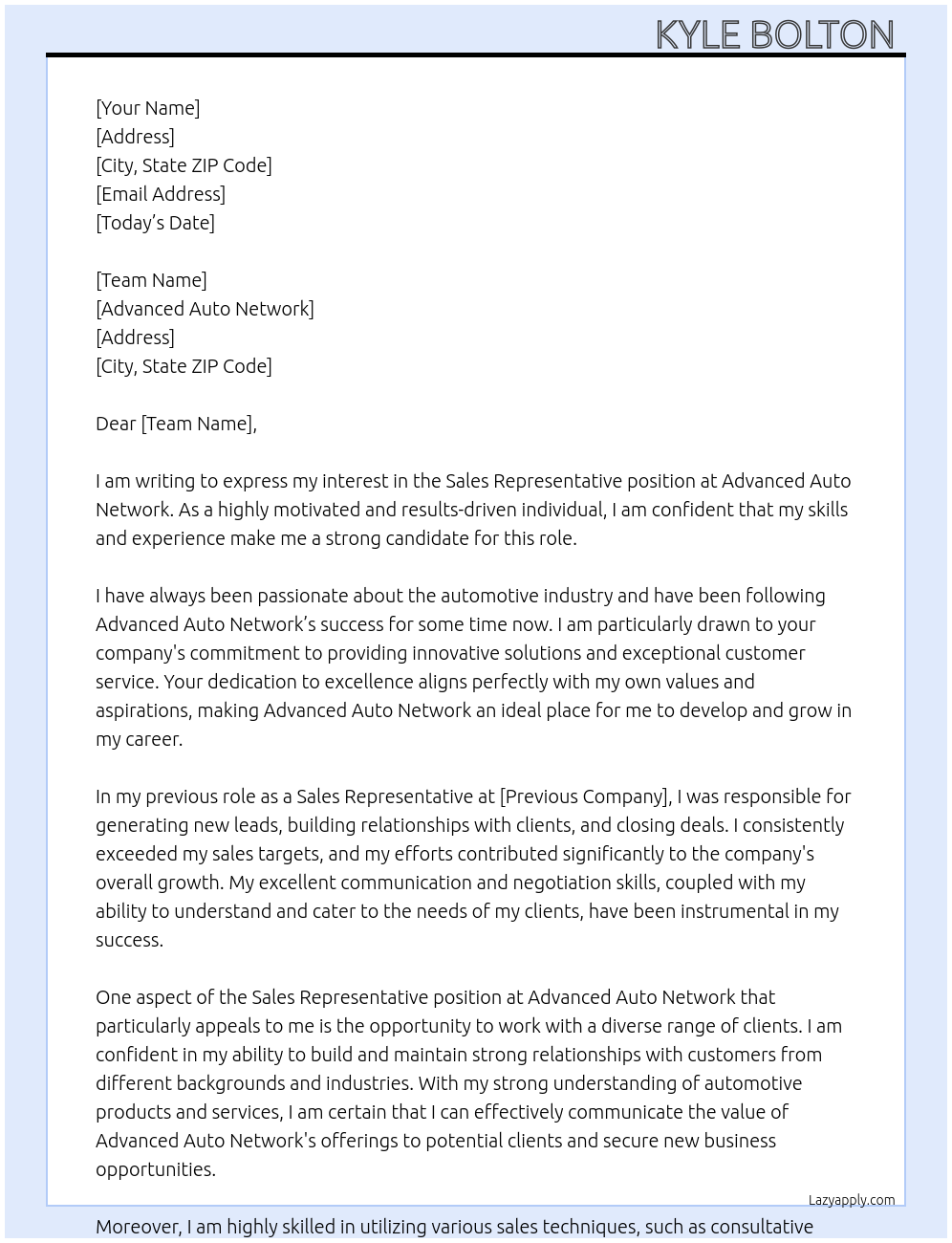 Sales Representative At Advanced Auto Network Cover Letter