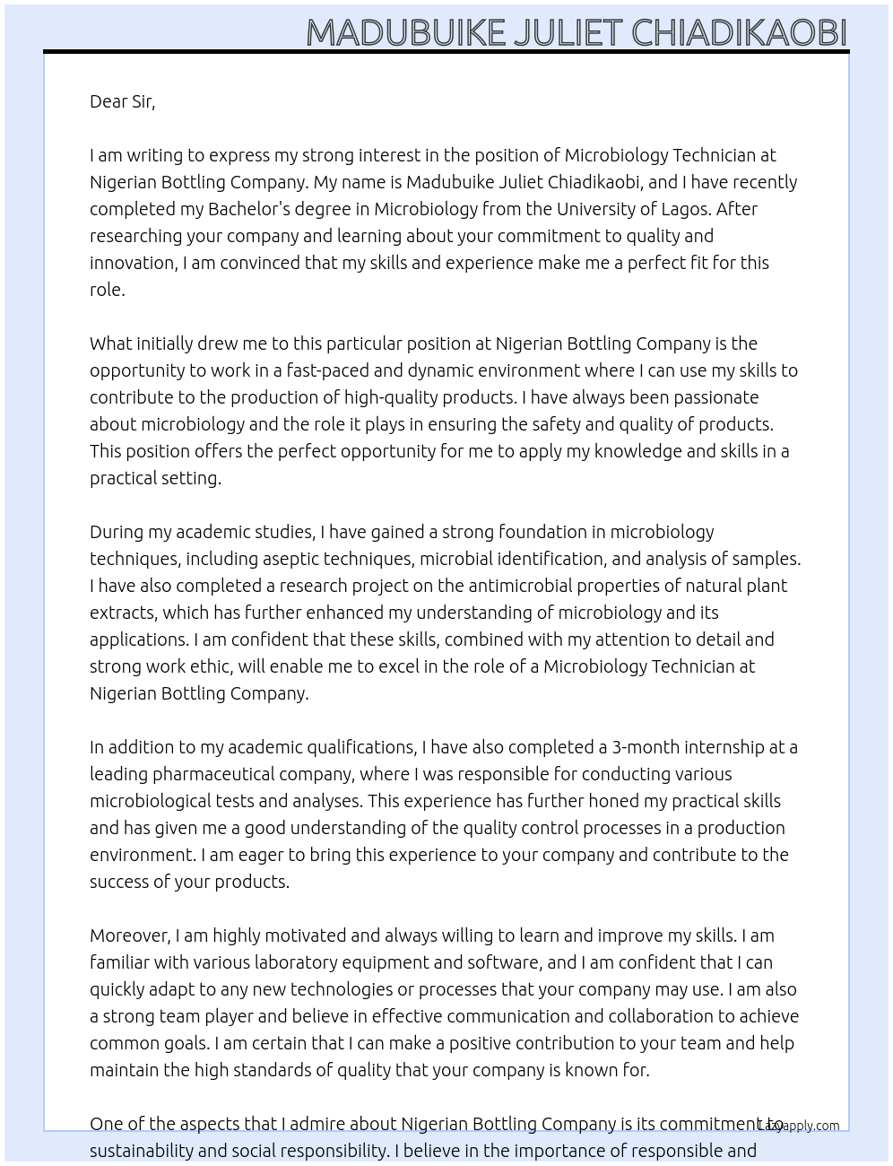 microbiology technician  At NIGERIAN BOTTLING COMPANY Cover Letter