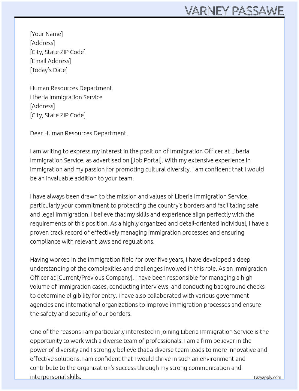 Immigration officer At Liberia Immigration Service Cover Letter