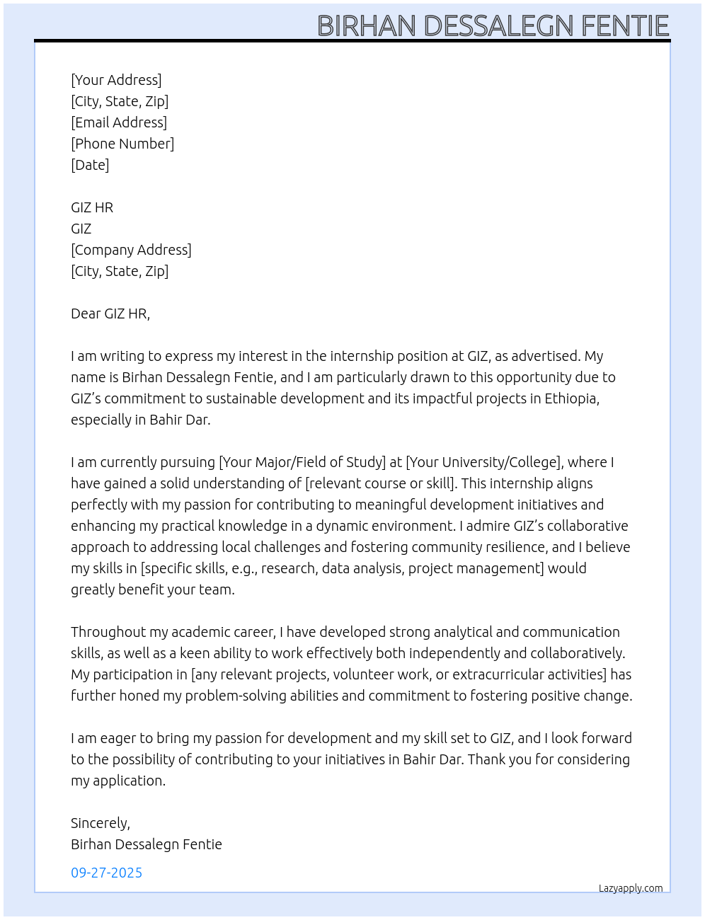 Internship At GIZ Cover Letter