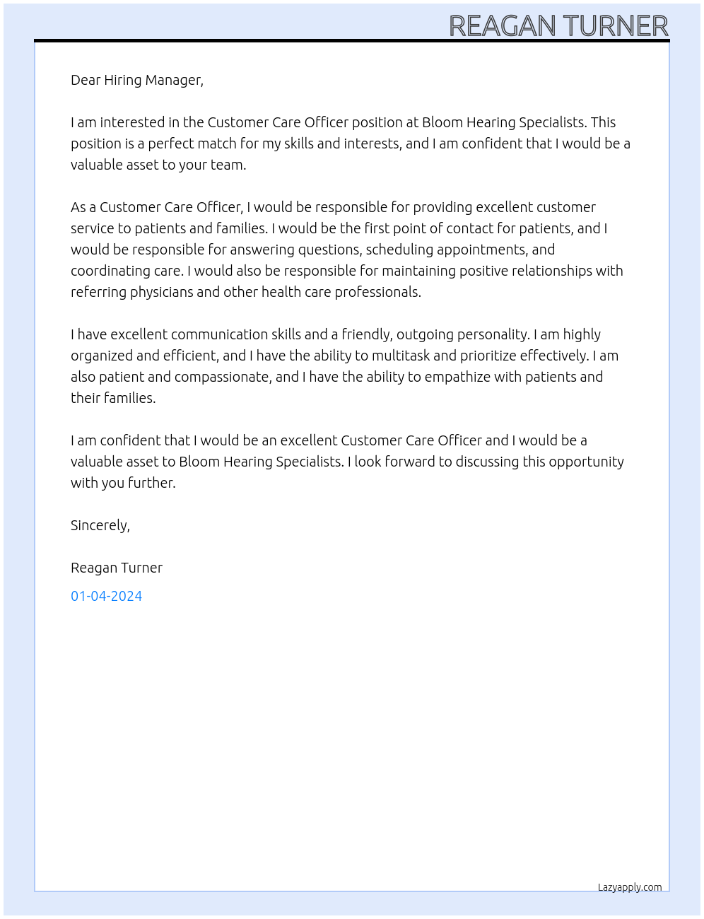 Customer Care Officer At Bloom Hearing Specialists Cover Letter