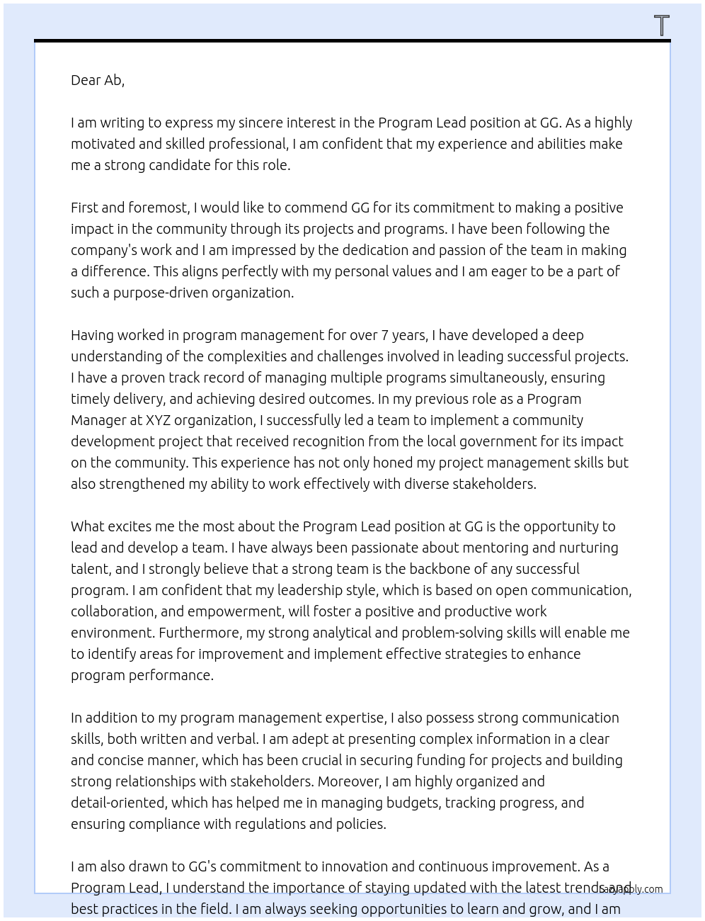 program lead At gg Cover Letter