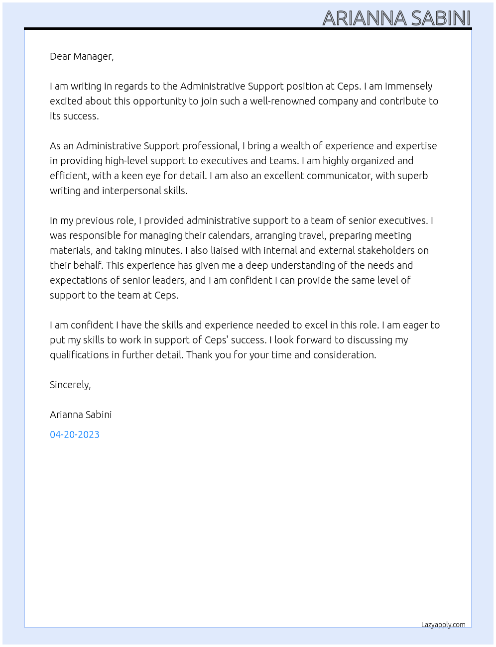 administrative support At Ceps Cover Letter