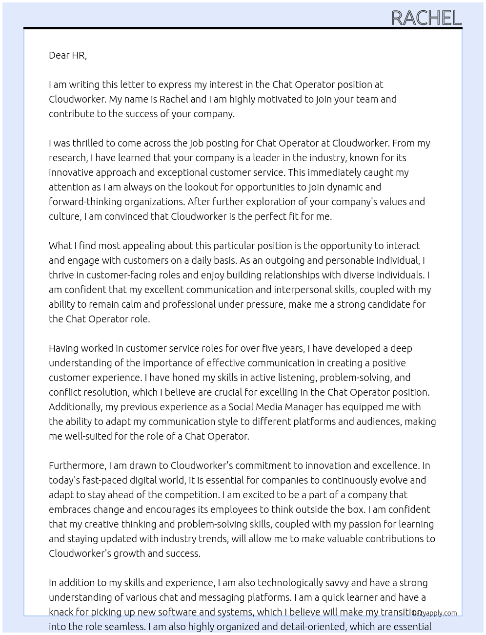 Chat Operator At Cloudworker Cover Letter