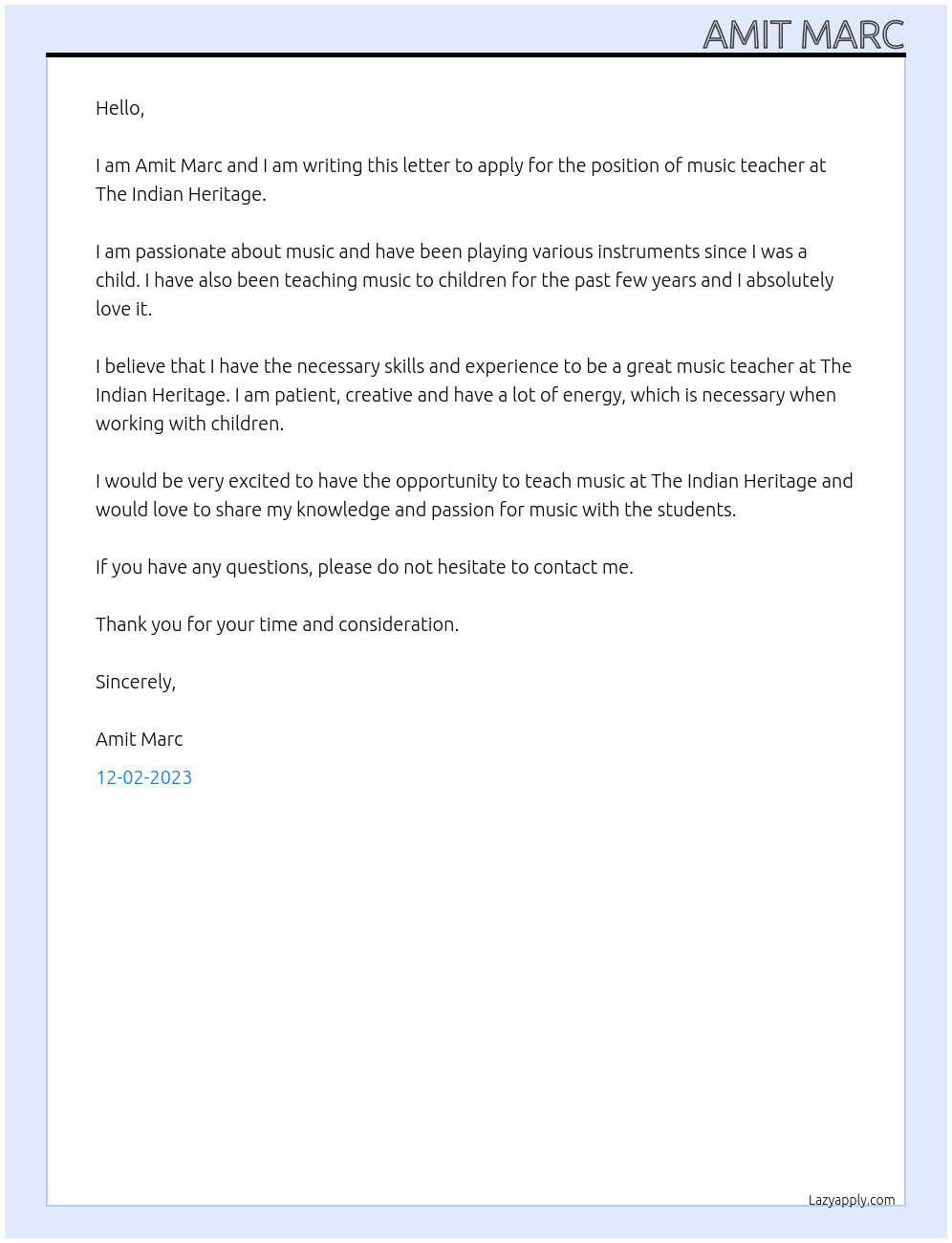 Music Teacher At The Indian Heritage Cover Letter