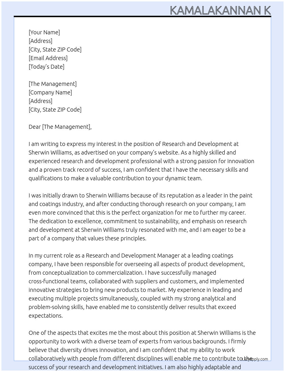 Research and development At Sherwin Williams Cover Letter