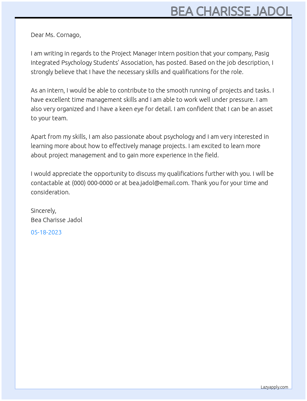 project manager intern At Pasig Integrated Psychology Students' Association Cover Letter