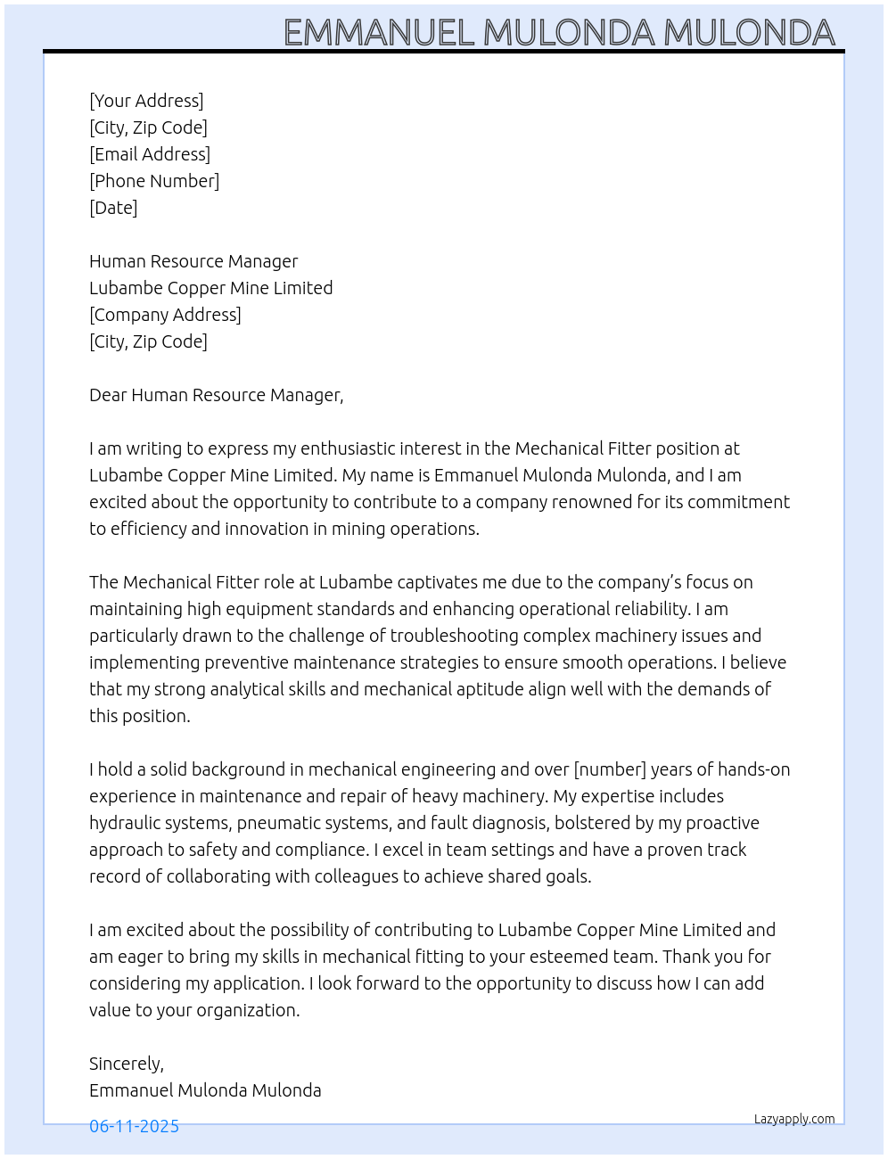 Mechanical fitter At Lubambe Copper Mine Limited Cover Letter