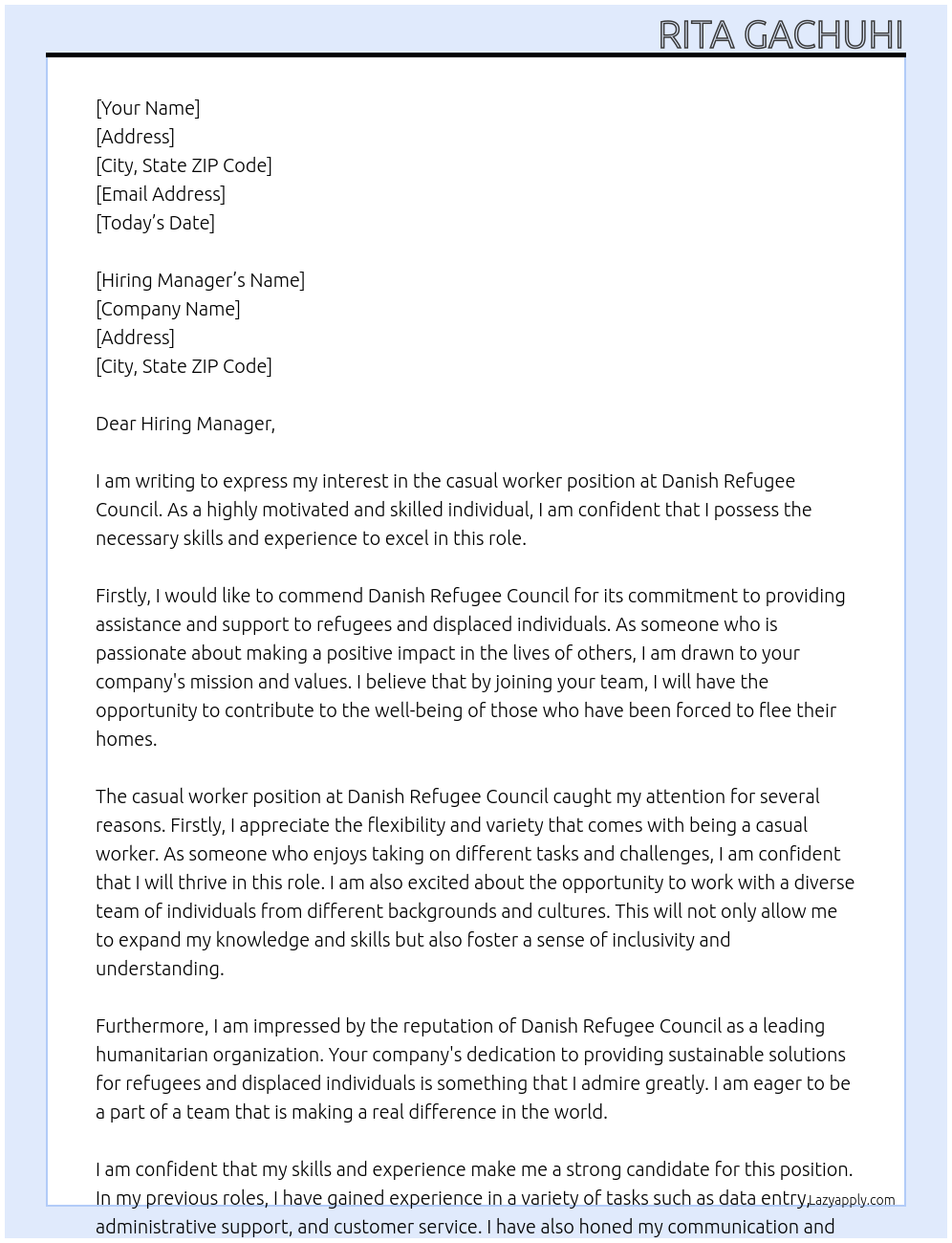casual worker At Danish Refugee Council Cover Letter