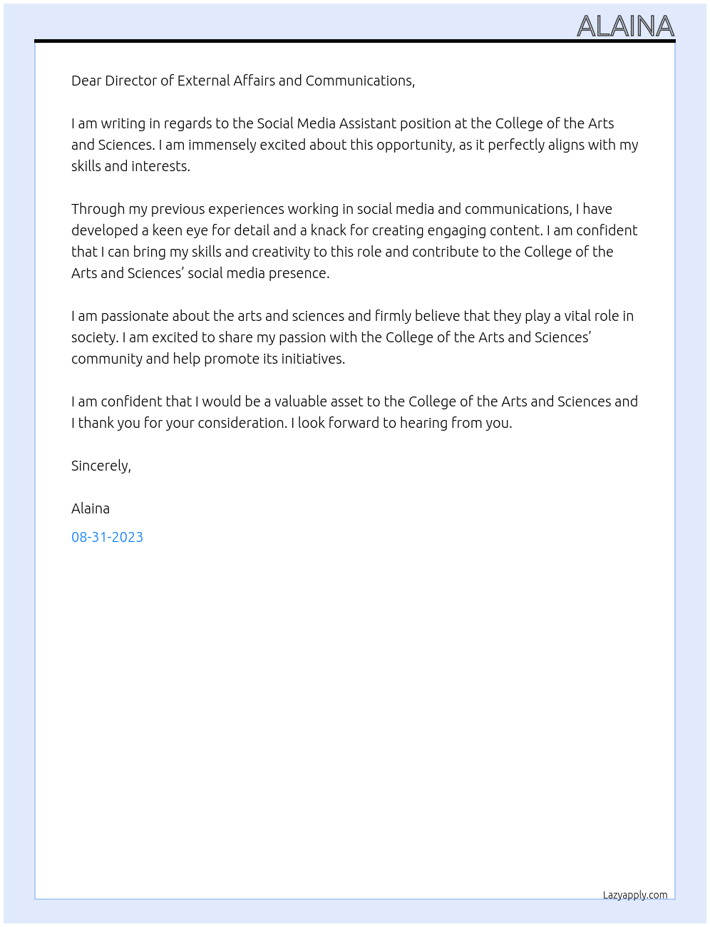 Social Media Assistant At College of the Arts and Sciences Cover Letter