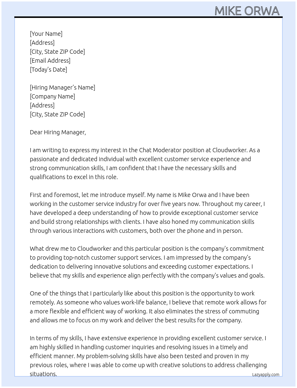 Chat moderator At Cloudworker Cover Letter