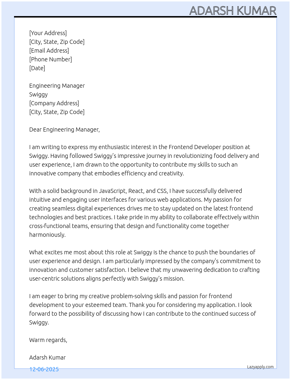 Cover letter for front-end developer - LazyApply