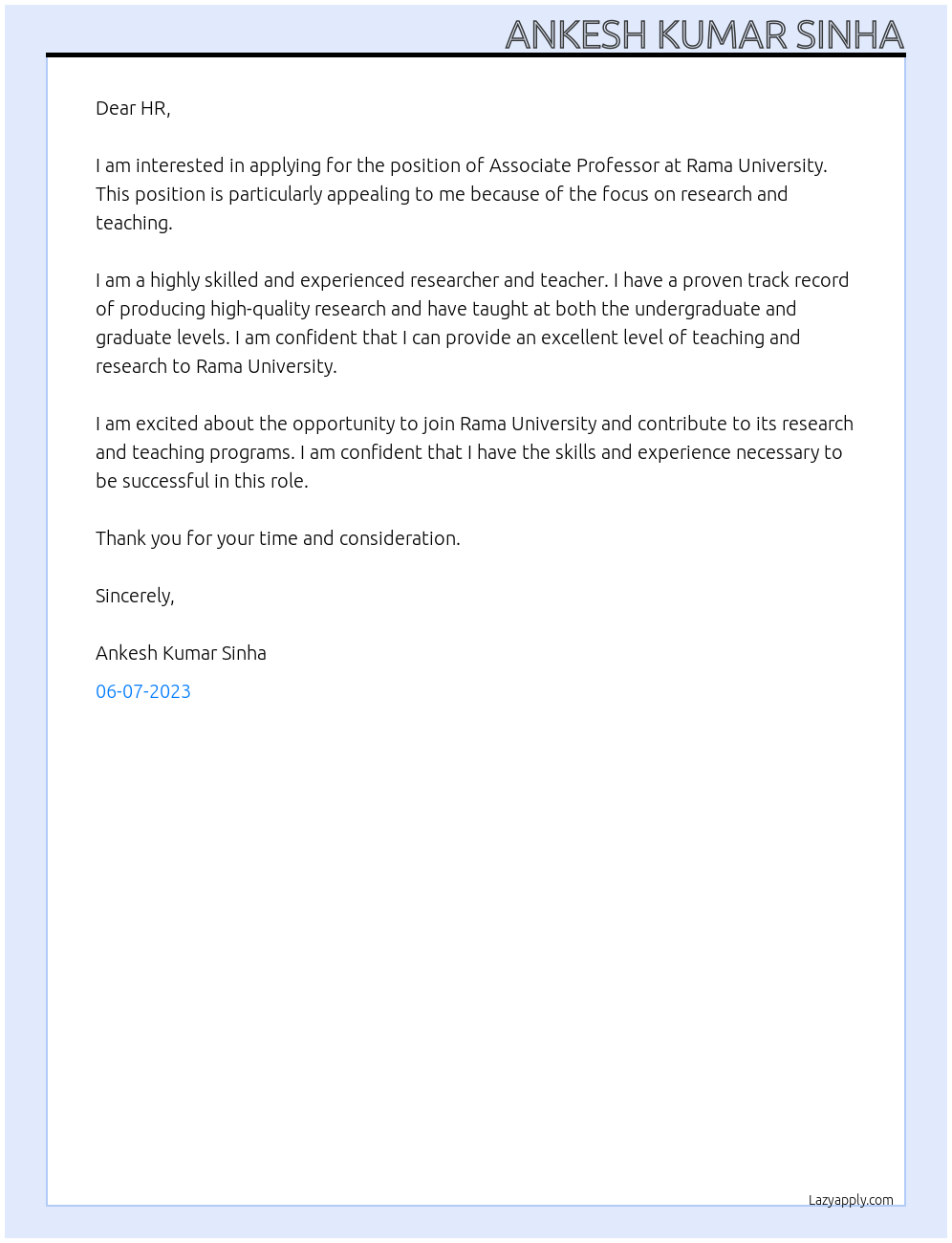 ASSOCIATE PROFESSOR At RAMA UNIVERSITY Cover Letter