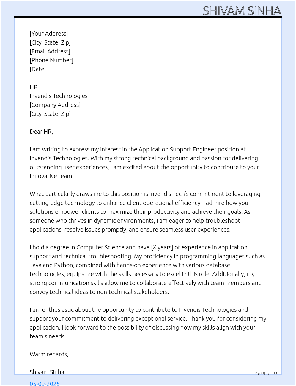 Cover letter for application support engineer - LazyApply