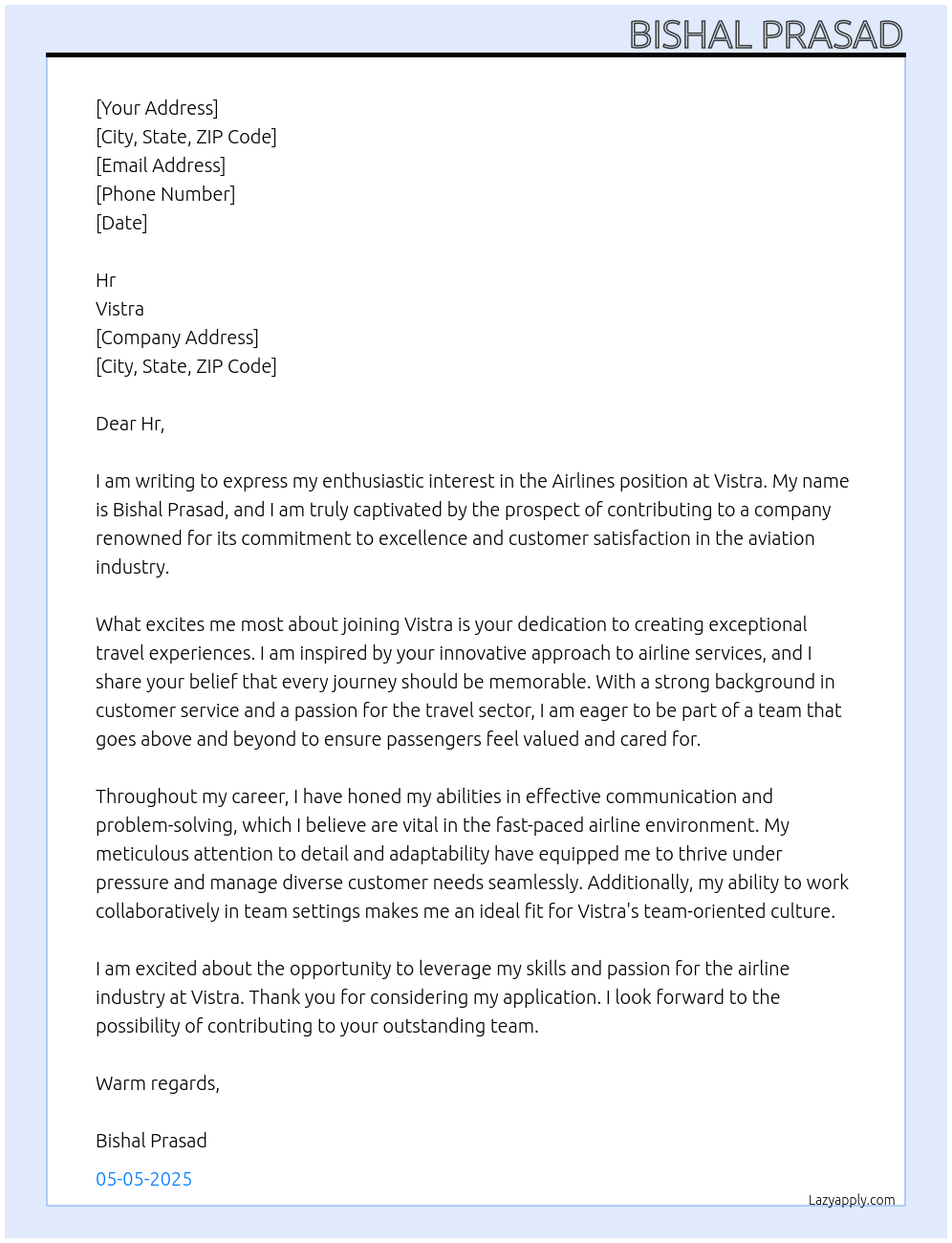 Airlines At Vistra Cover Letter