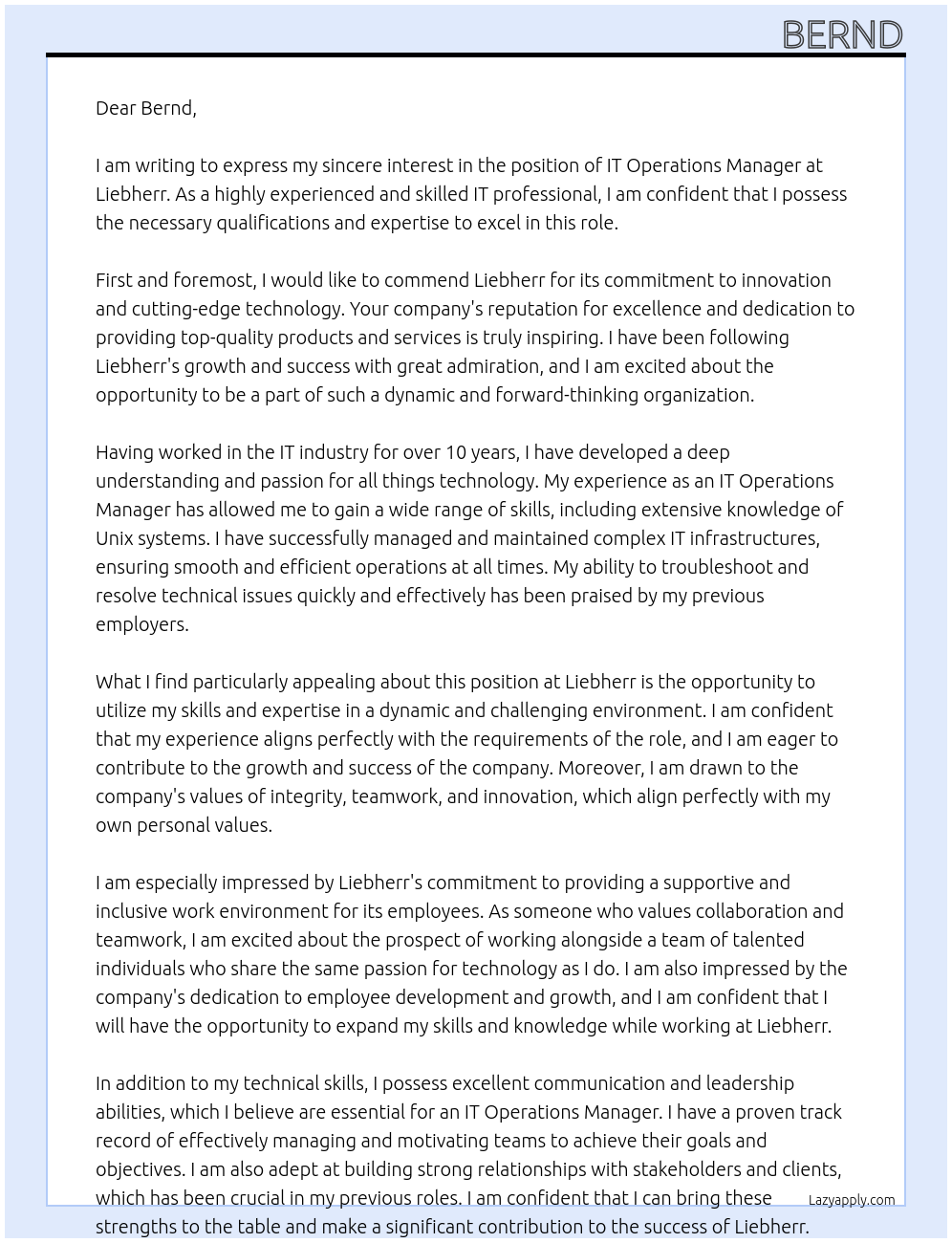 IT Operations Manager At Liebherr Cover Letter