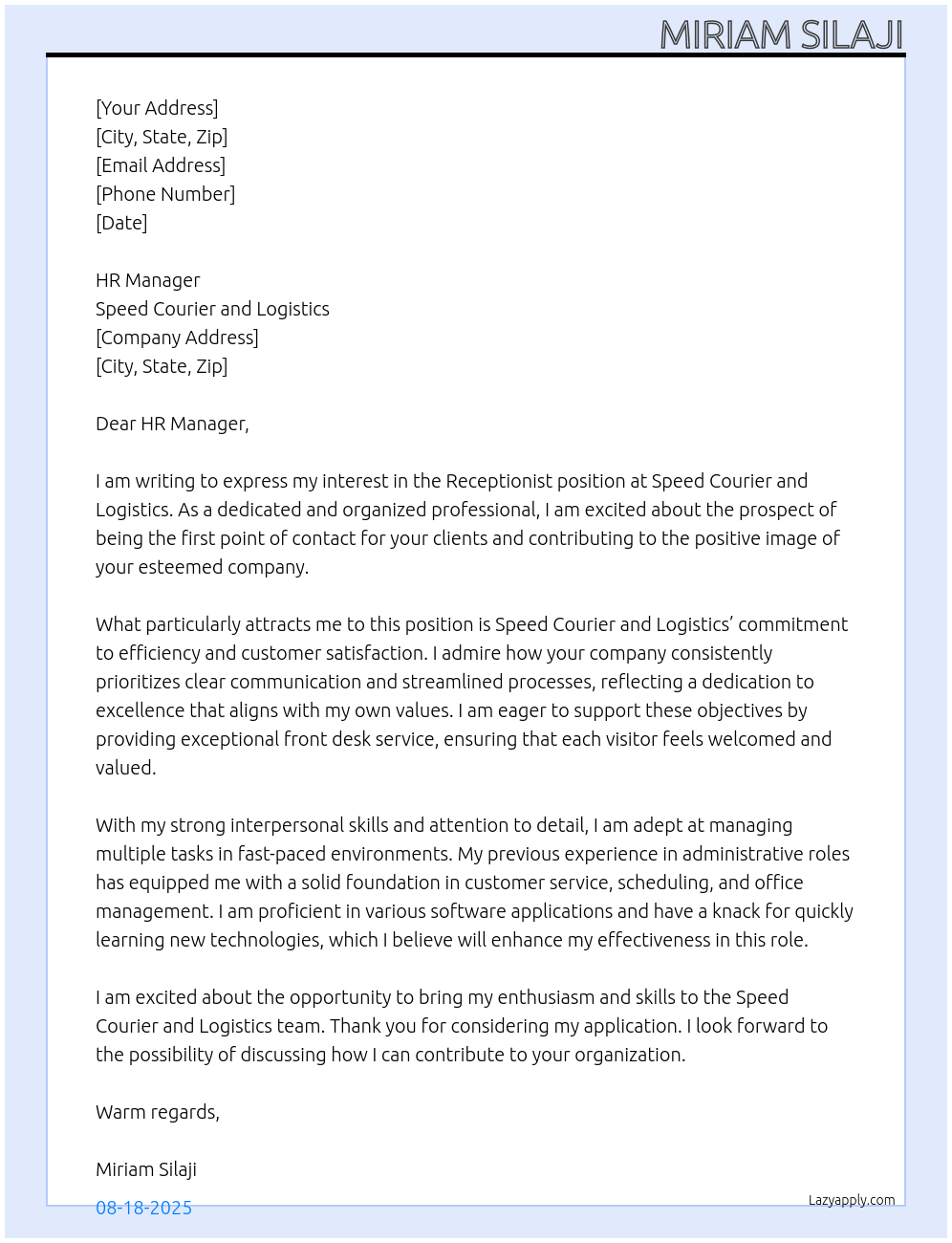 Receptionist At Speed courier and logistics Cover Letter