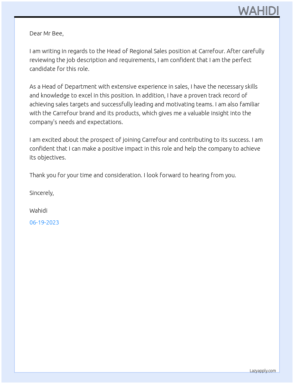 Head Of Regional Sales At carrefour Cover Letter