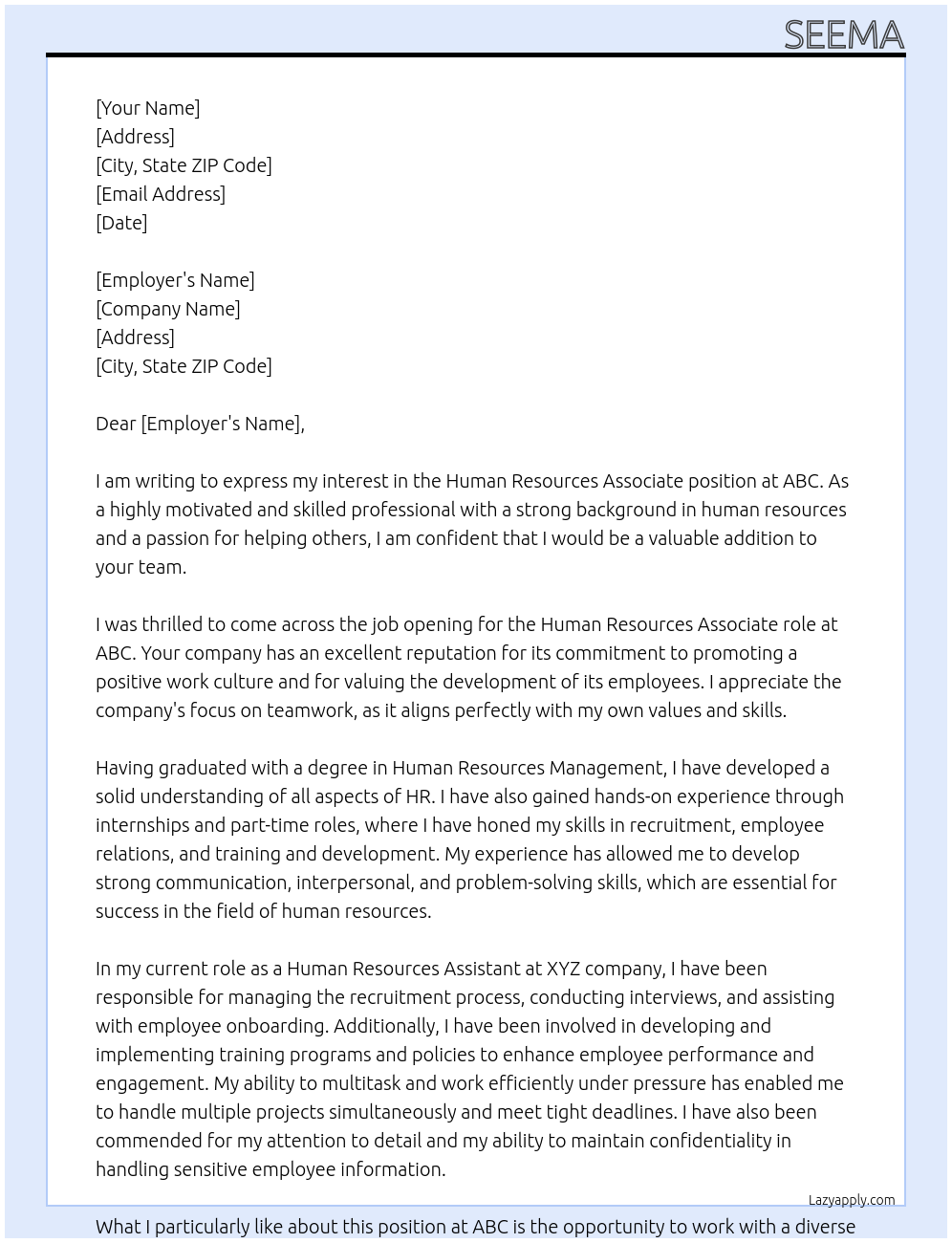 Human Resources Associate  At Abc Cover Letter