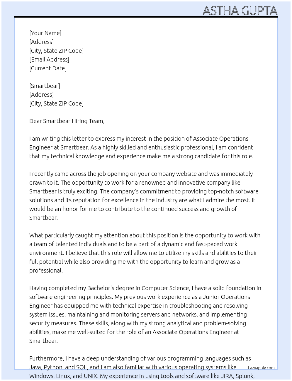 associate operations engineer At smartbear Cover Letter