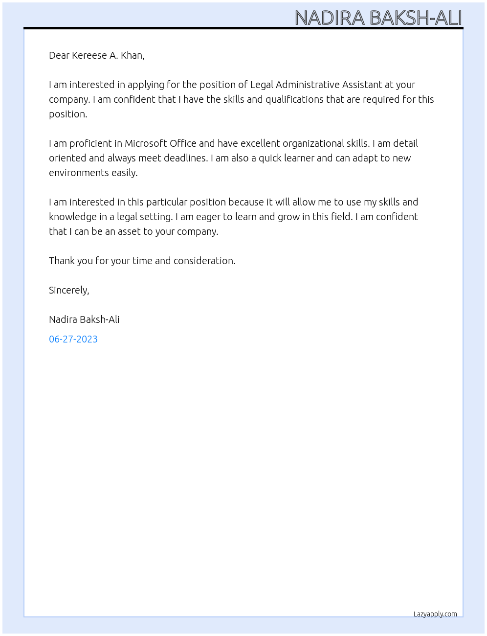 Legal Administrative Assistant At Kereese A. Khan Cover Letter