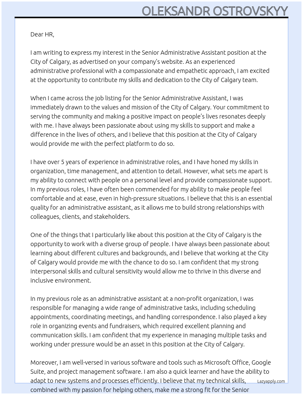 Senior Administrative Assistant At City of Calgary Cover Letter
