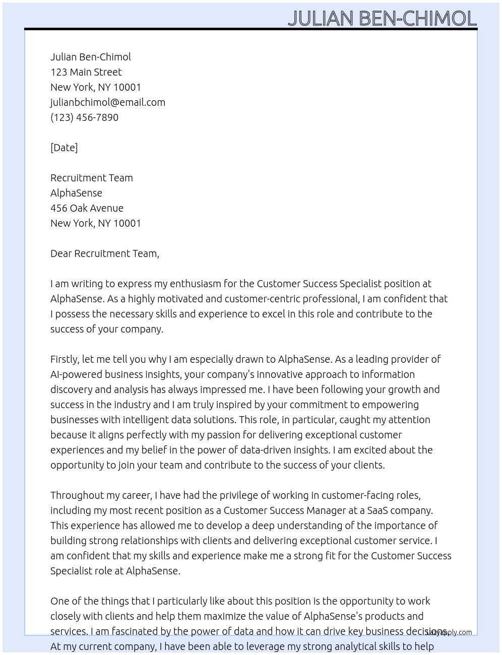Customer Success Specialist At AlphaSense Cover Letter