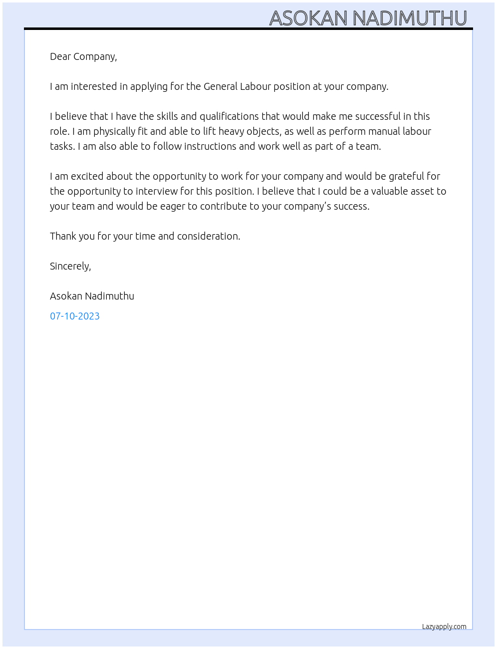 General labour At Company Cover Letter