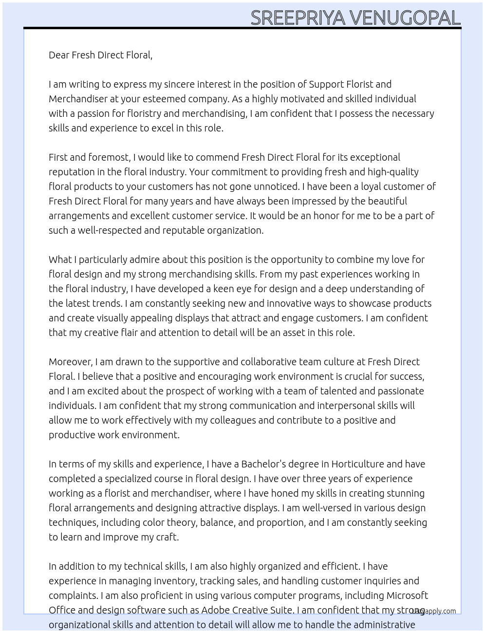 Cover letter for support florist and merchandiser - LazyApply