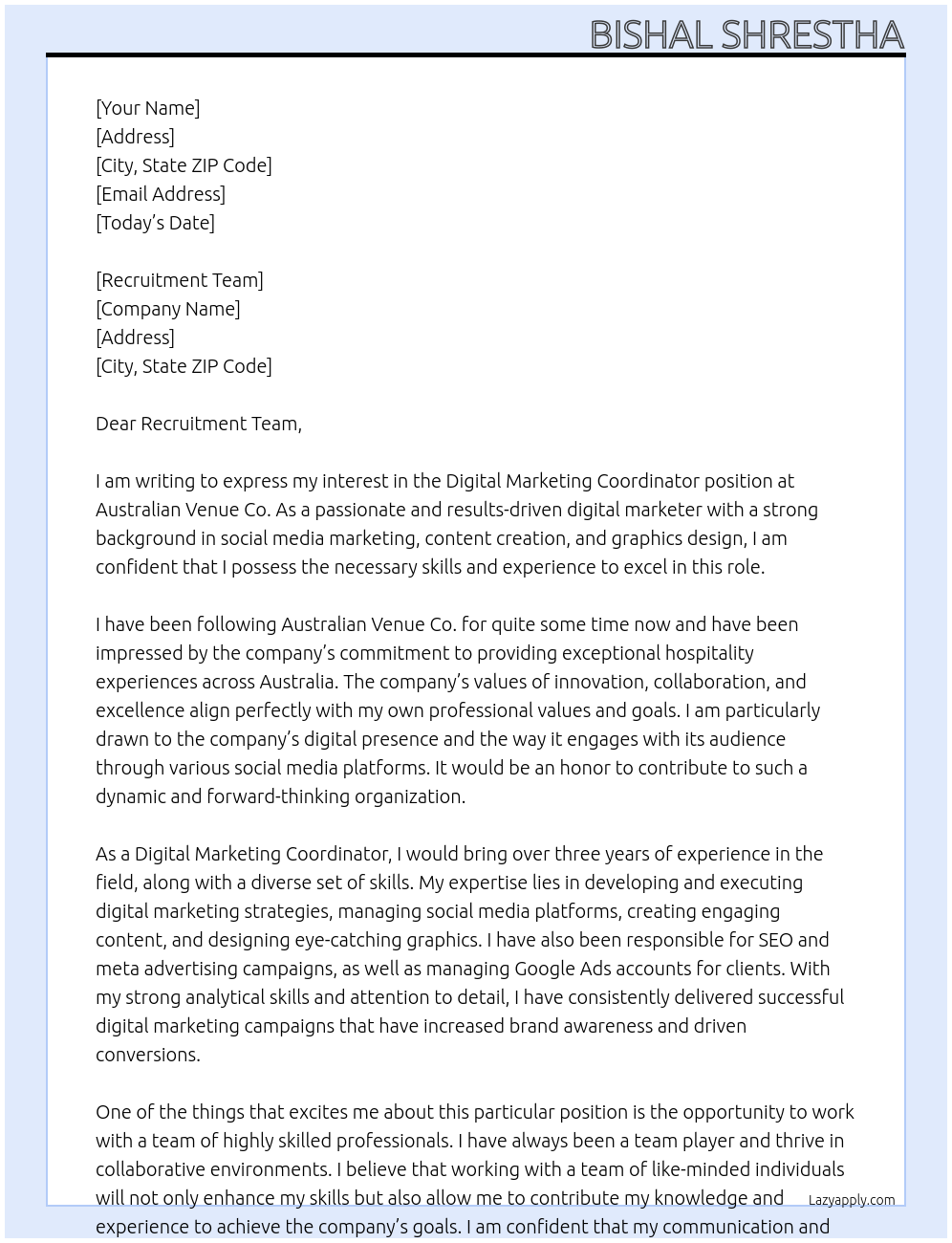 Digital Marketing Coordinator At Australian Venue Co. Cover Letter