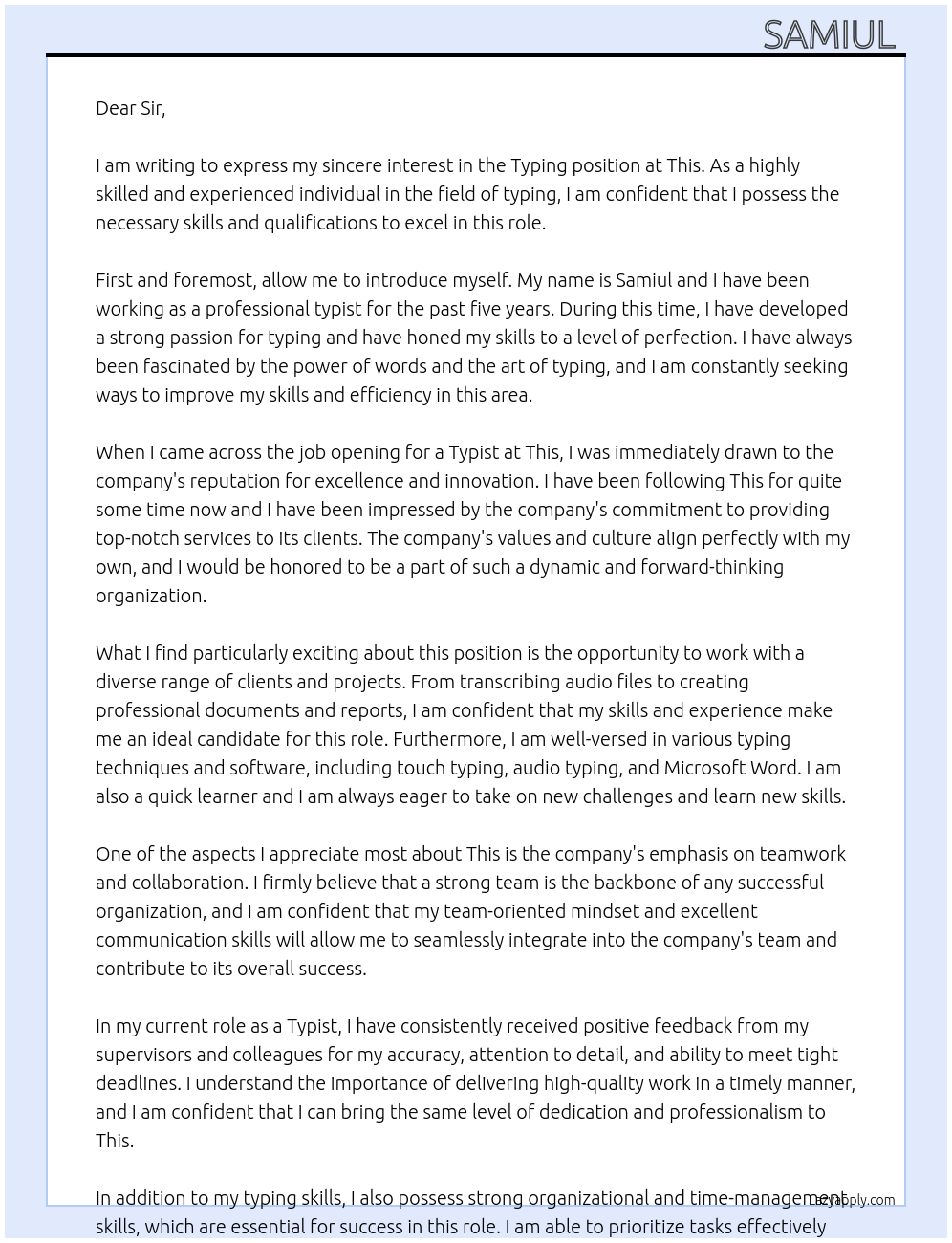 Typing At This Cover Letter