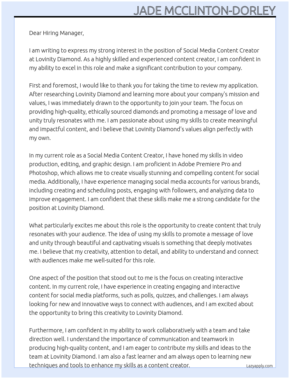 Social Media Content Creator At Lovinity Diamond Cover Letter