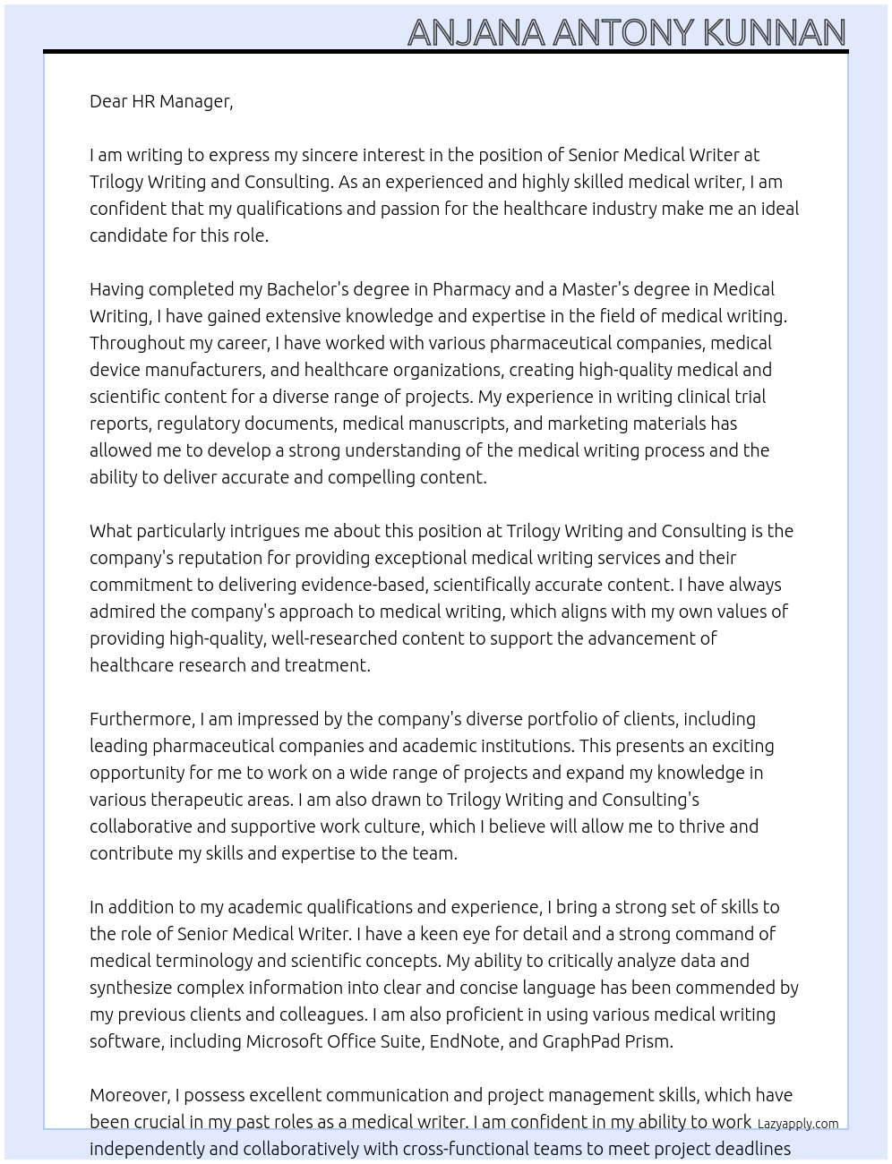 Senior Medical Writer At Trilogy Writing and Consulting Cover Letter