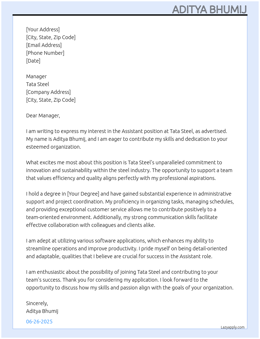 Assistant  At Tata steel  Cover Letter