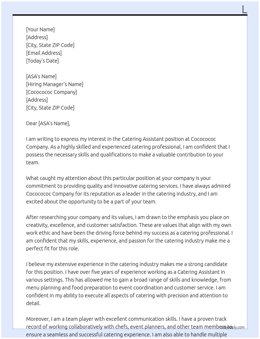 Catering Assistant At cococococ Cover Letter