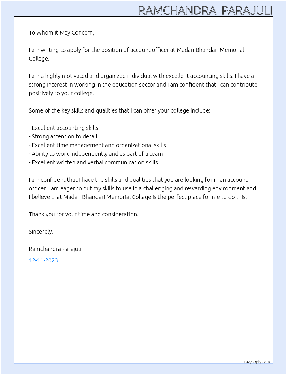 Account officer At Madan Bhandari Memorial Collage Cover Letter