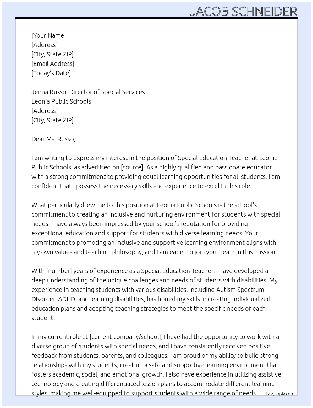 Special Education Teacher At Leonia Public Schools Cover Letter