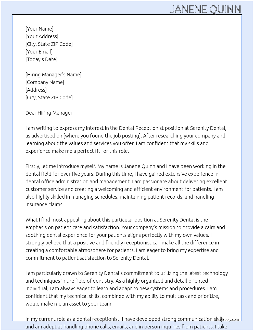 Dental Receptionist At Serenity Dental Cover Letter