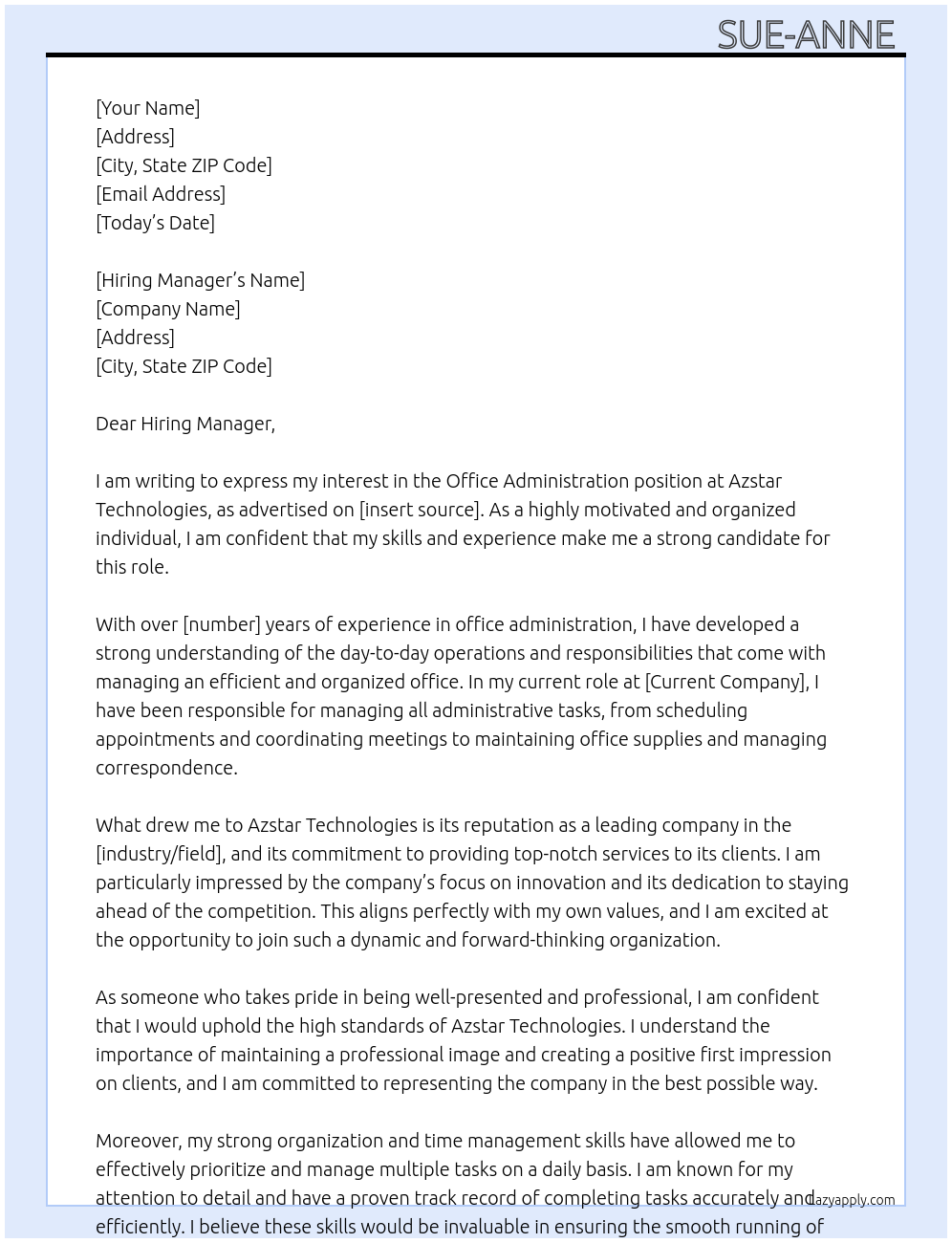 Office administration  At Azstar Technologies Cover Letter