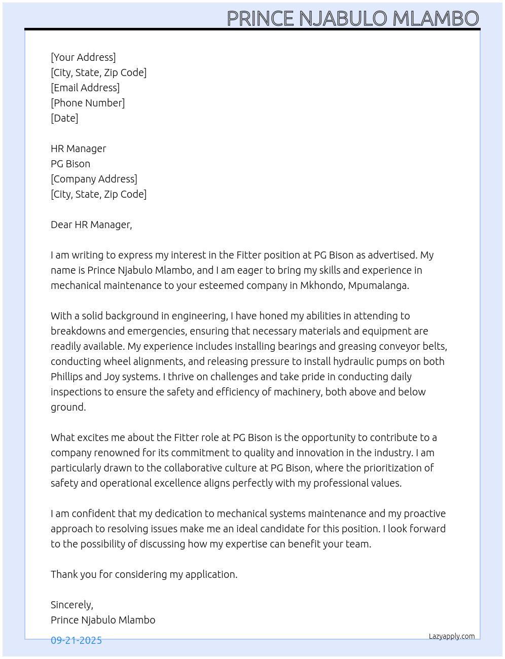 Fitter At PG Bison Cover Letter