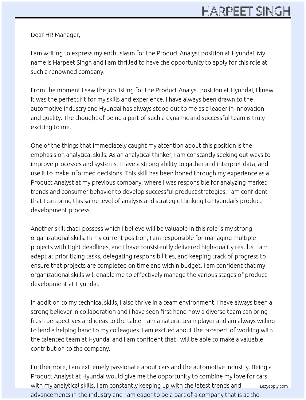 Product Analyst At Hyundai Cover Letter
