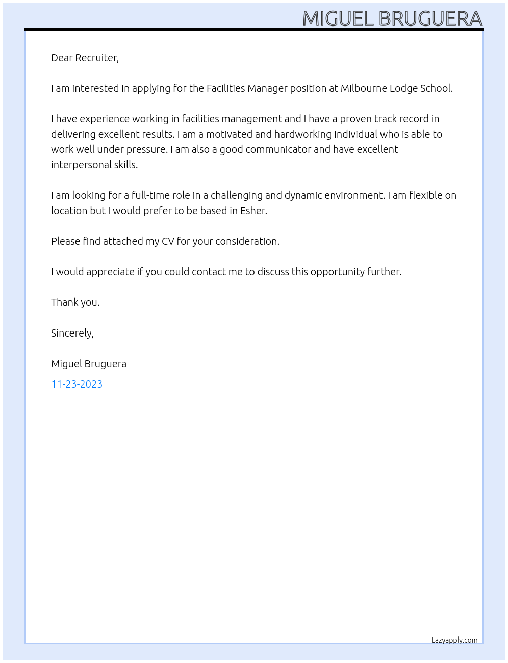 Facilities Manager At Milbourne Lodge School Cover Letter