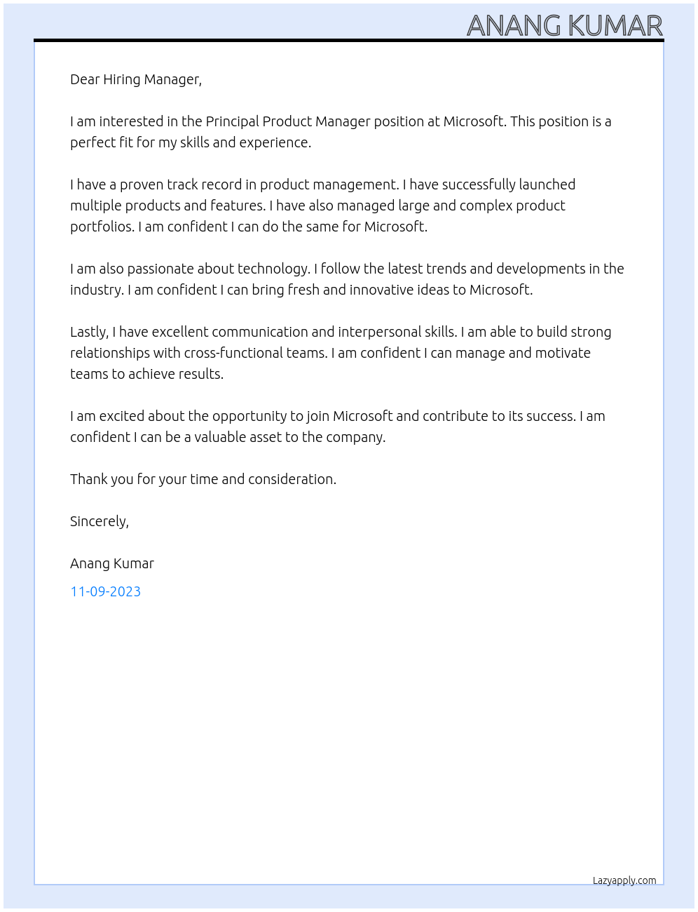 Principal Product Manager At Microsoft Cover Letter