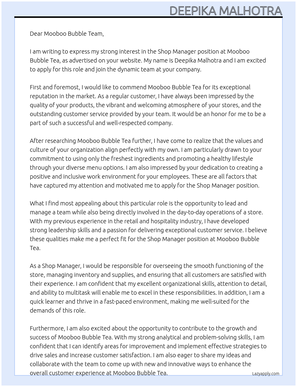 Shop Manager At Mooboo Bubble Tea Cover Letter