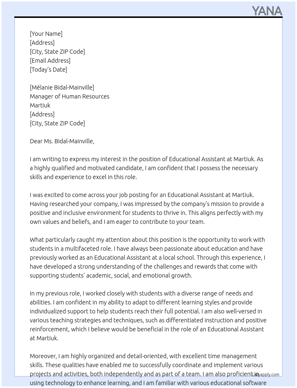 EDUCATIONAL ASSISTANT At Martiuk Cover Letter