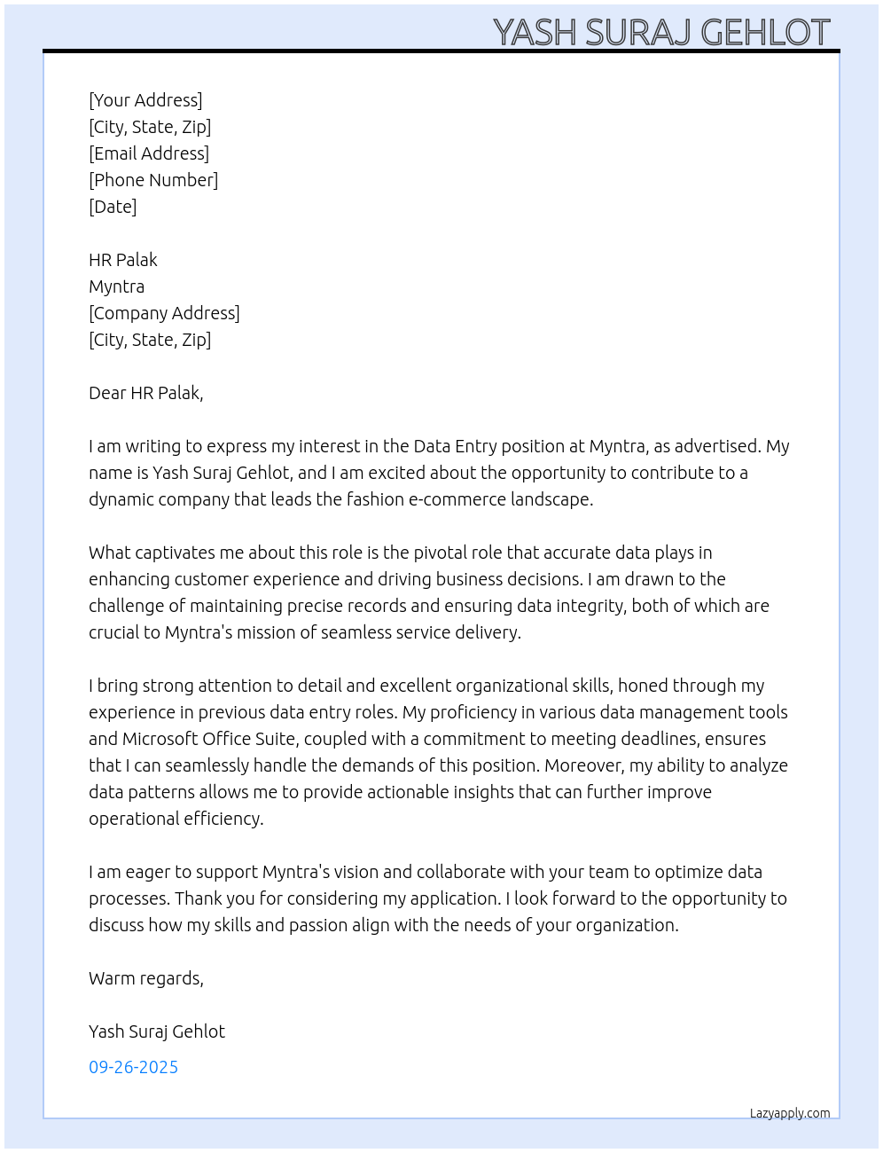 Data entry At Myntra Cover Letter